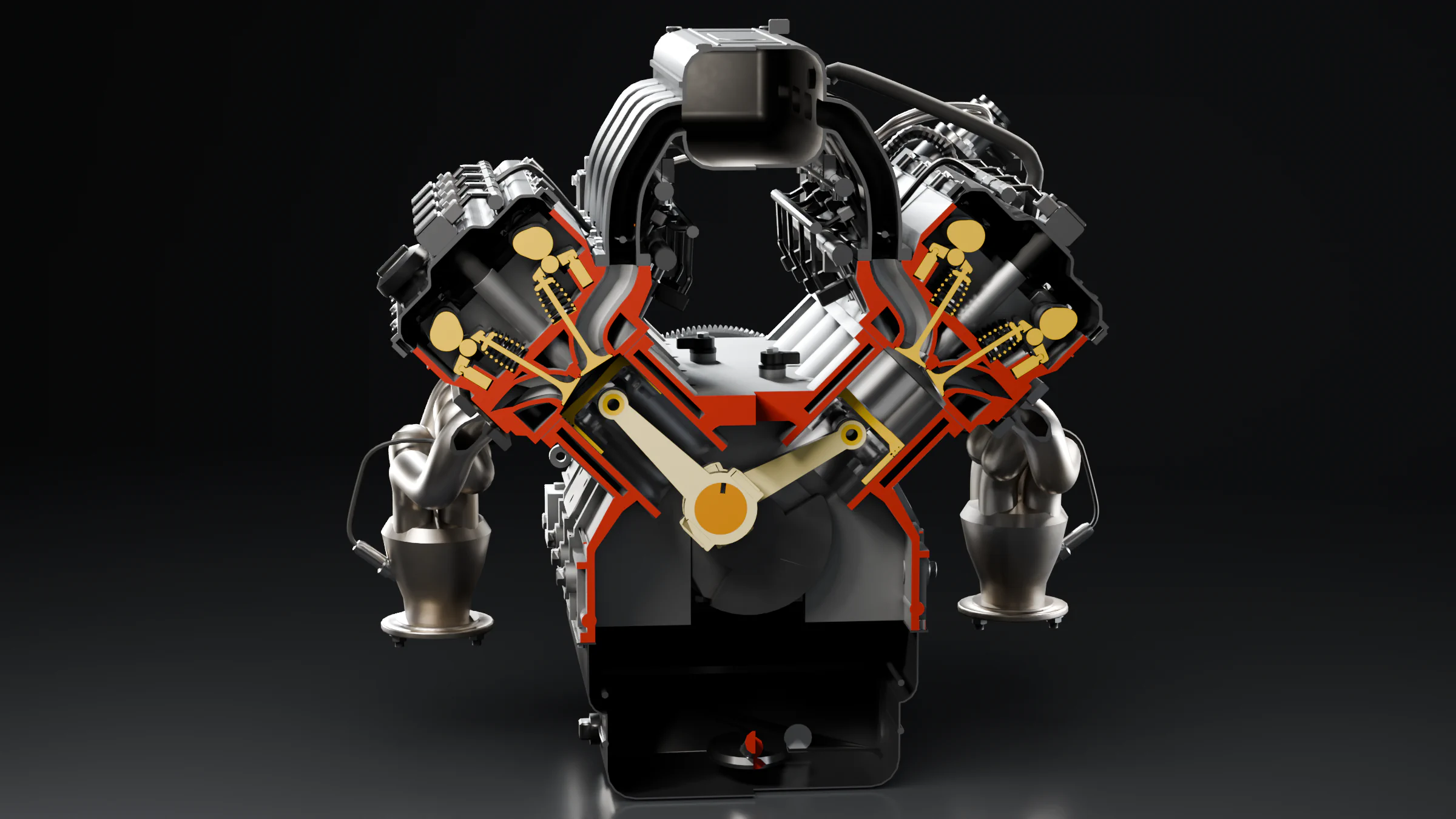 Ford Coyote 5.0 em corte transversal no modelo 3D: as duas bancadas do V com os comandos no cabeçote, os pistões e as bielas, com as faces cortadas em vermelho.
