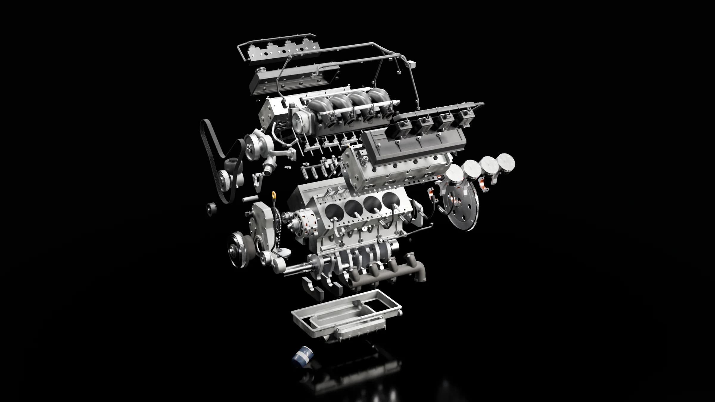 GM LS3 em vista explodida no modelo 3D: bloco, cabeçotes, coletor, cárter e acessórios separados.