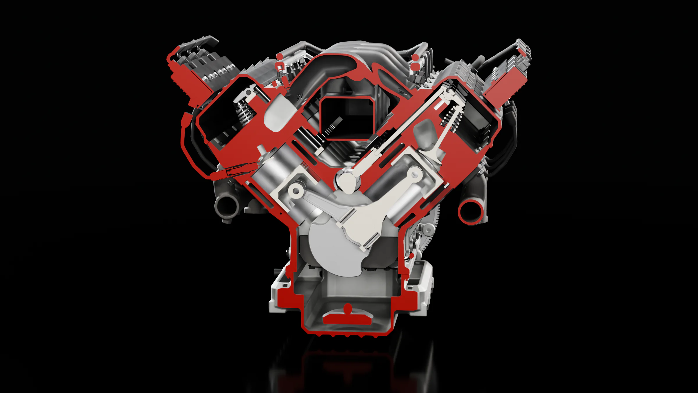 GM LS3 em corte transversal no modelo 3D: pistões, bielas e virabrequim dentro do V, com as faces cortadas em vermelho.