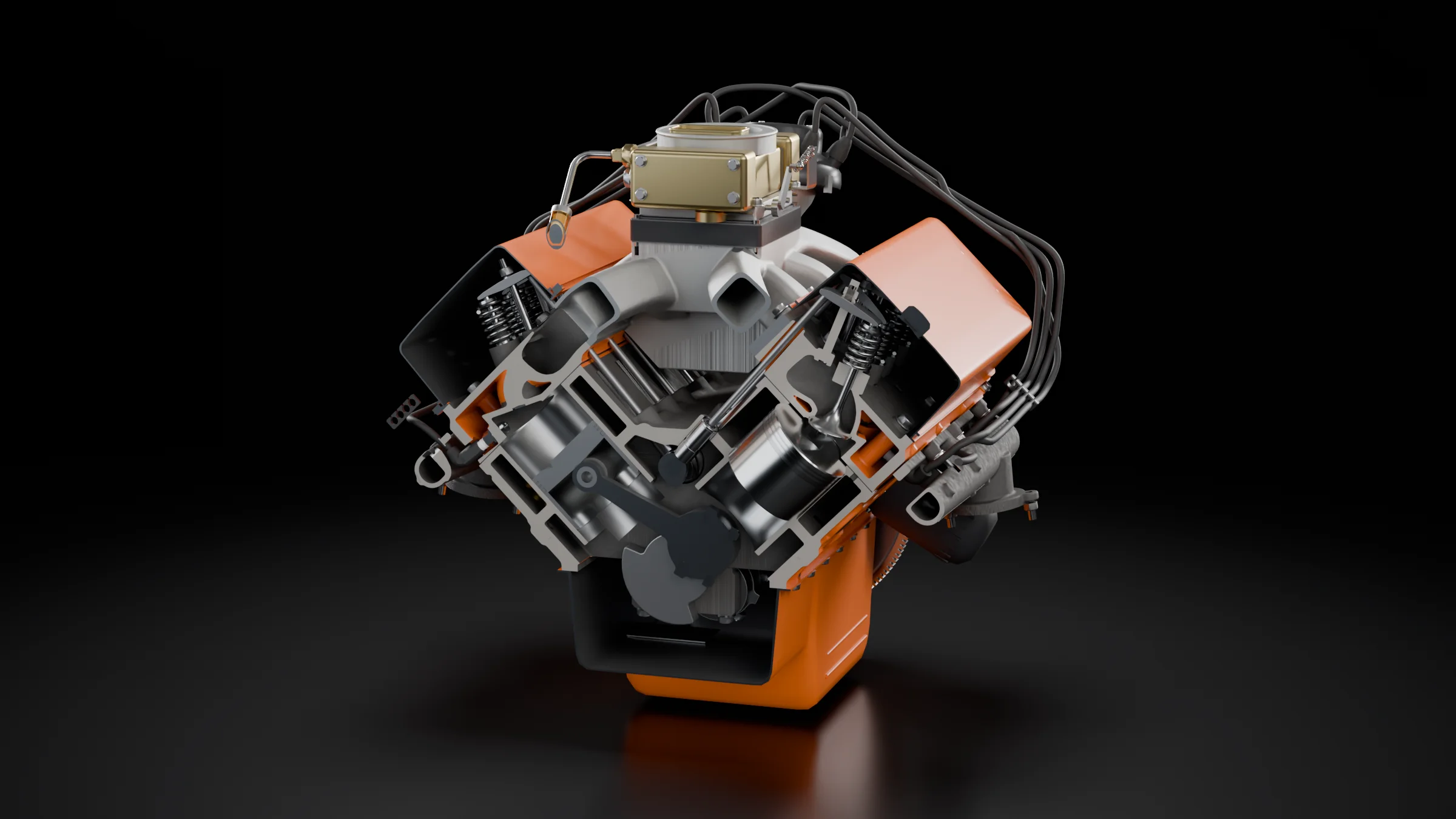 Chevrolet small-block 350 em corte no modelo 3D: pistões e válvulas nas duas bancadas e o carburador no alto.
